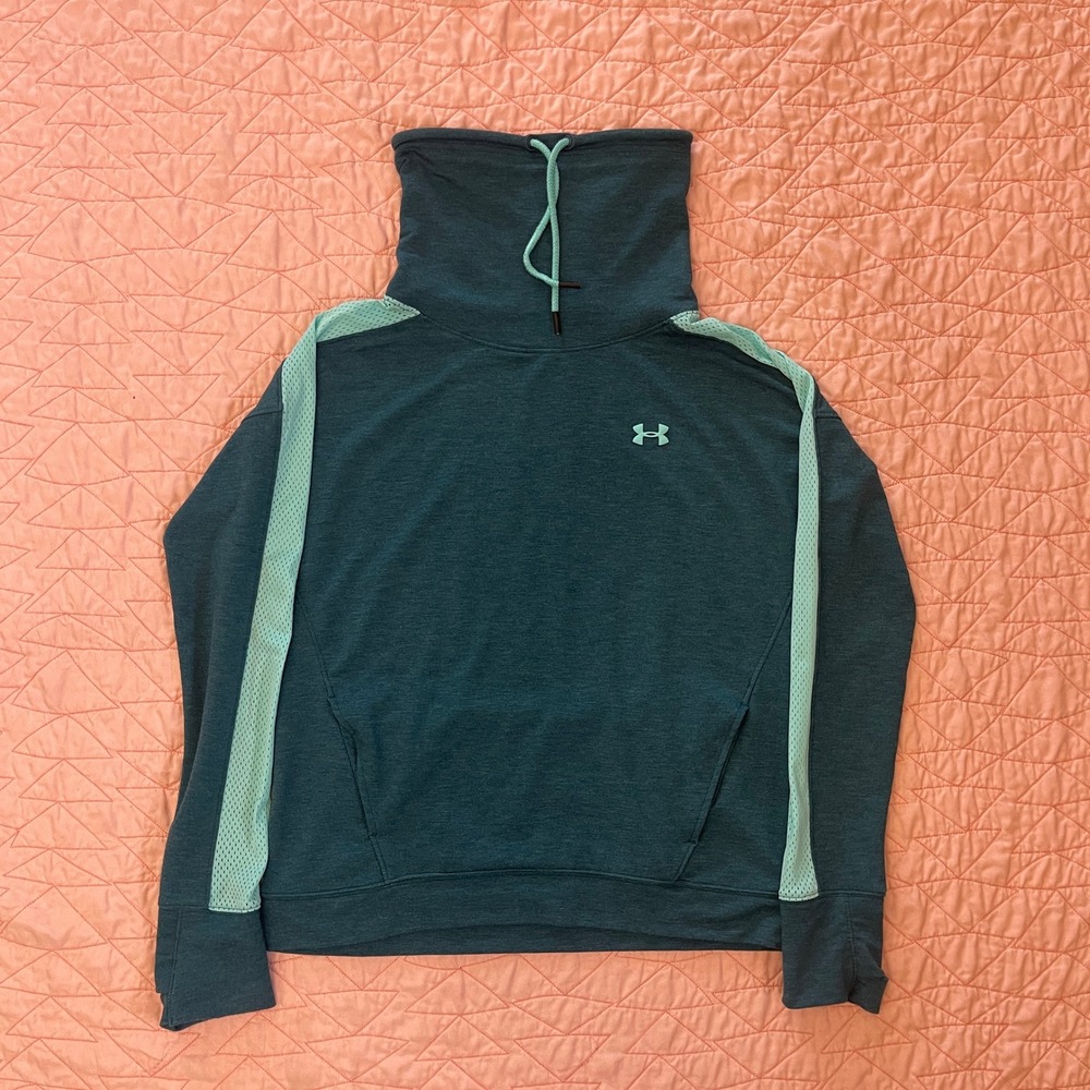 Under Armour Womens Funnel Neck Hoodie Teal Mesh Stripe Pullover Sweatshirt MD